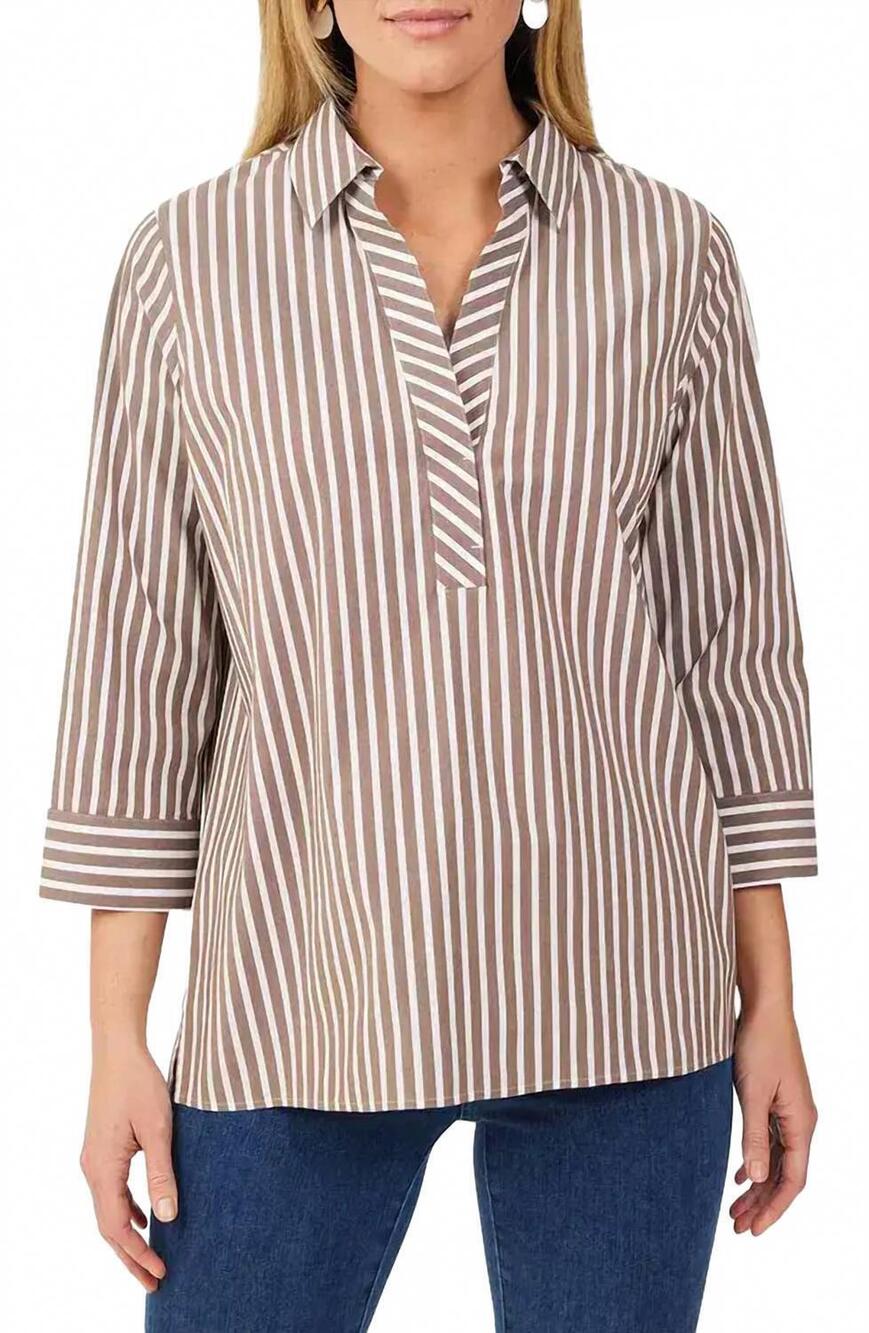 NEW FOXCROFT sophia three quarter stripe popover top in brown